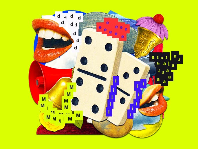 A collage of elements representing Media & Activation featuring domino pieces, a megaphone and bells