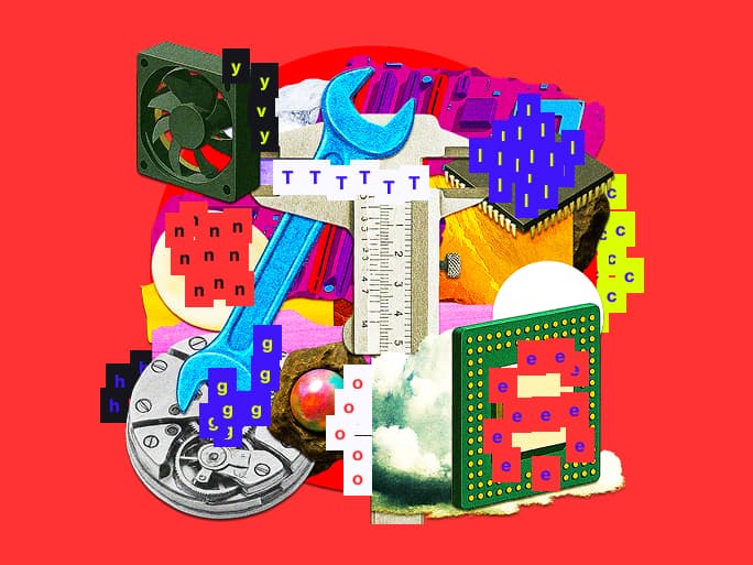 A collage of elements representing Technology Optimization featuring a computer components, a ruler and a wrench